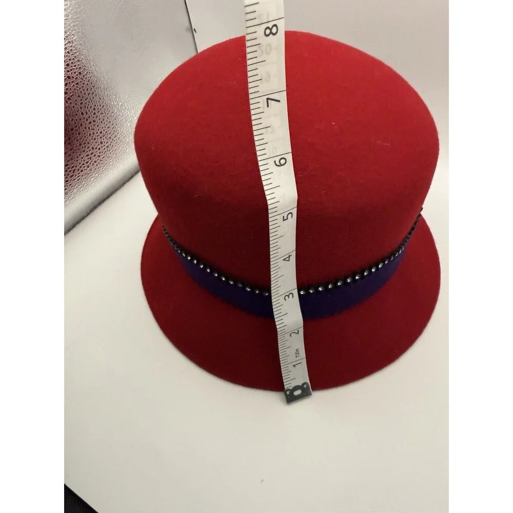 Vintage Red Felt Cloche Hat Womens Navy Ribbon Studded Bow Winter Retro